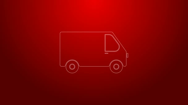 Πράσινη γραμμή Παράδοση φορτηγό φορτηγό όχημα εικονίδιο απομονώνονται σε κόκκινο φόντο. 4K Γραφική κίνηση κίνησης βίντεο — Αρχείο Βίντεο