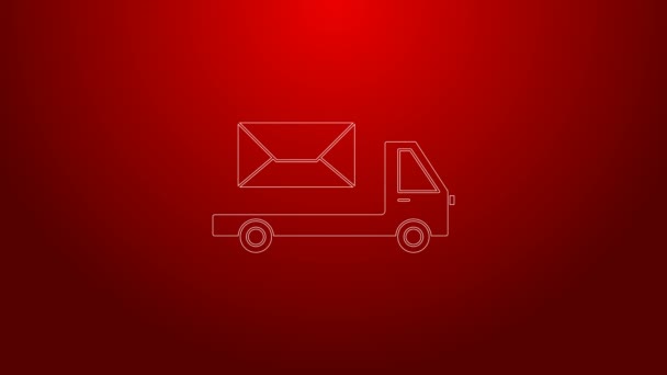 Zöld vonal Post teherautó ikon elszigetelt piros háttérrel. Postakocsi. Jármű tehergépjármű-szállítás borítékkal vagy levéllel. 4K Videó mozgás grafikus animáció — Stock videók