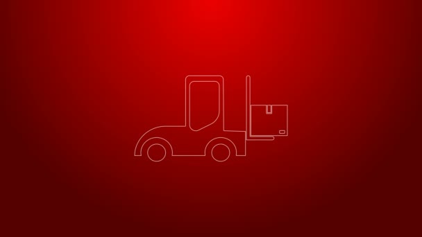 Πράσινη γραμμή Forklift φορτηγό εικονίδιο απομονώνονται σε κόκκινο φόντο. Φορτιστής και χαρτονένιο κουτί. Παράδοση φορτίου, αποστολή, μεταφορά. 4K Γραφική κίνηση κίνησης βίντεο — Αρχείο Βίντεο