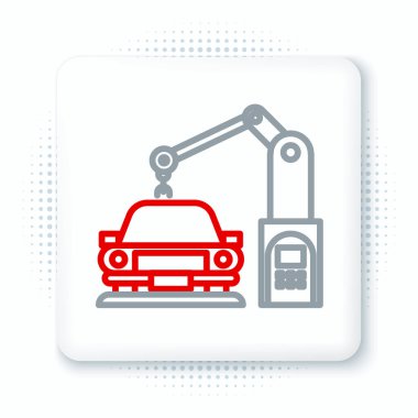 Hat Endüstriyel Robotik Robot Kol Kolu beyaz arka planda izole edilmiş araba fabrikası ikonu. Endüstriyel otomobil üretimi. Renkli taslak konsepti. Vektör.