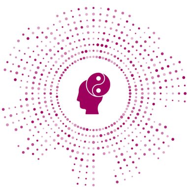 Mor Yin Yang armoni sembolü ve beyaz arkaplanda izole edilmiş denge simgesi. Soyut çember rastgele noktalar. Vektör.