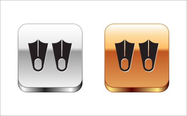 Yüzme ikonu için siyah lastik yüzgeçler beyaz arka planda izole edilmiş. Dalış ekipmanları. Olağanüstü bir spor. Su altı ekipmanları. Gümüş-altın kare düğme. Vektör.