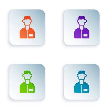 Renkli laboratuvar yardımcı simgesi beyaz arkaplanda izole edildi. Kare düğmelere renkli simgeleri yerleştir. Vektör.