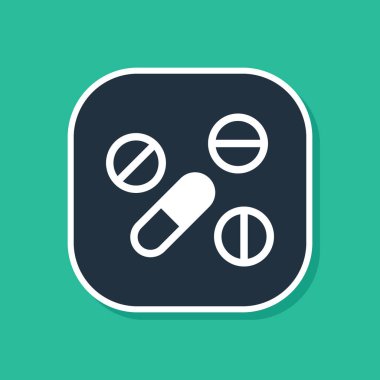 Yeşil arkaplanda mavi ilaç veya tablet ikonu var. Kapsül hapı ve uyuşturucu işareti. Eczane tasarımı. Vektör.