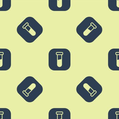 Mavi test tüpü ve kimyasal test ikonu sarı arka planda izole edilmiş pürüzsüz desen. Laboratuvar cam levhası. Vektör.