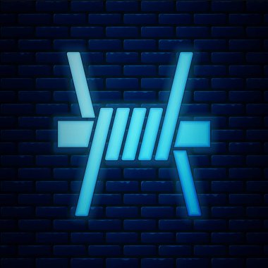 Parlayan neon dikenli tel ikonu tuğla duvar arkasında izole edilmiş. Vektör.