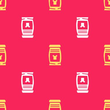 Otomatik çamaşır makinesi simgesi için sarı deterjan kırmızı arkaplanda izole edilmiş dikişsiz desen. Vektör.