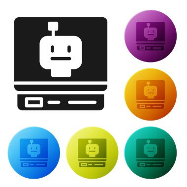 Siyah Robot simgesi beyaz arkaplanda izole edildi. Yapay zeka, makine öğrenme, bulut hesaplama. Simgeleri renk daire düğmelerine ayarla. Vektör.