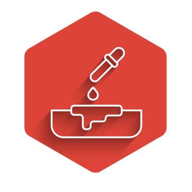 Pipet ikonlu beyaz çizgi Petri kabı uzun gölgeli izole edilmiş. Kırmızı altıgen düğmesi. Vektör.