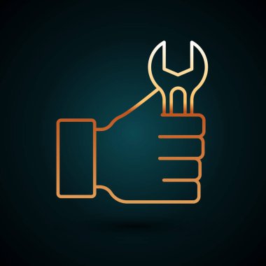 Altın çizgili İngiliz anahtarı simgesi koyu mavi arkaplanda izole edilmiş. Vektör.