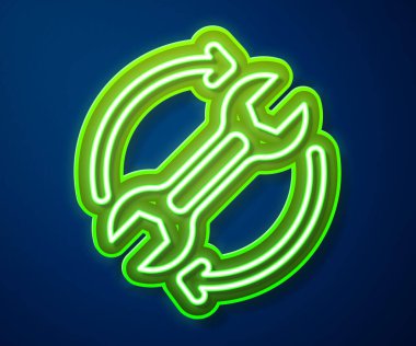 Mavi arkaplanda izole edilmiş iş akışı simgesi olarak parlayan neon çizgi anahtarı ve oklar. Ayarlama, servis, ayar, bakım, onarım, onarım. Vektör.