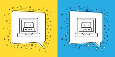 Sarı ve mavi arkaplanda izole edilmiş robot simgesi oluşturuluyor. Yapay zeka, makine öğrenme, bulut hesaplama. Vektör.