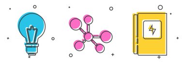 Fikir kavramına sahip ampulü, molekül ve elektrik panel simgesini ayarlayın. Vektör.