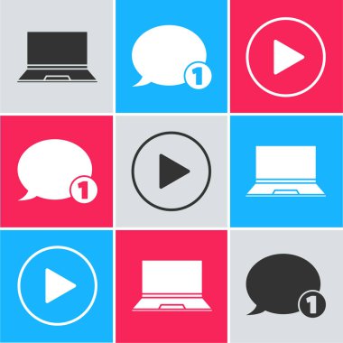 Dizüstü bilgisayar, konuşma balonu sohbeti ve daire simgesi şeklinde oynat. Vektör.