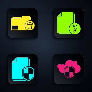 Bulut ve kalkanı, klasörü, Belge koruma kavramını ve bilinmeyen belgeyi ayarla. Siyah kare düğme. Vektör.