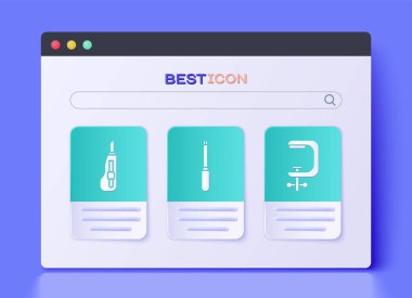 Tornavida, Kırtasiye bıçağı, kıskaç ve vida araç simgesini ayarla. Vektör.