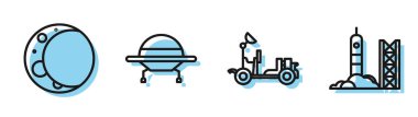 Mars Rover, Ay, UFO uçan uzay gemisi ve Roket fırlatma hattını uzay simgesinden ayarlayın. Vektör.