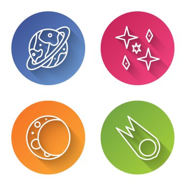 Hat uzay kapsülü ve paraşütü, Gezegen, Ay ve Kuyruklu yıldız hızla düşüyor. Renkli daire düğmesi. Vektör.