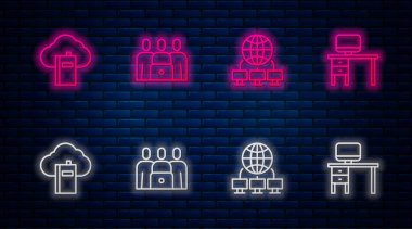 Çevrimiçi sınıf, Bilgisayar ağı, Bulut çevrimiçi kütüphane ve monitör ve masayı ayarla. Tuğla duvarda parlayan neon simgesi. Vektör.