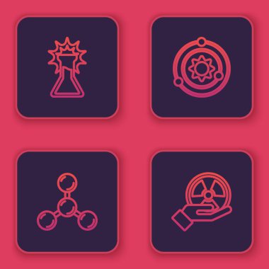 Hat test tüpü ve matara, molekül, güneş sistemi ve radyoaktif. Mavi kare düğme. Vektör.