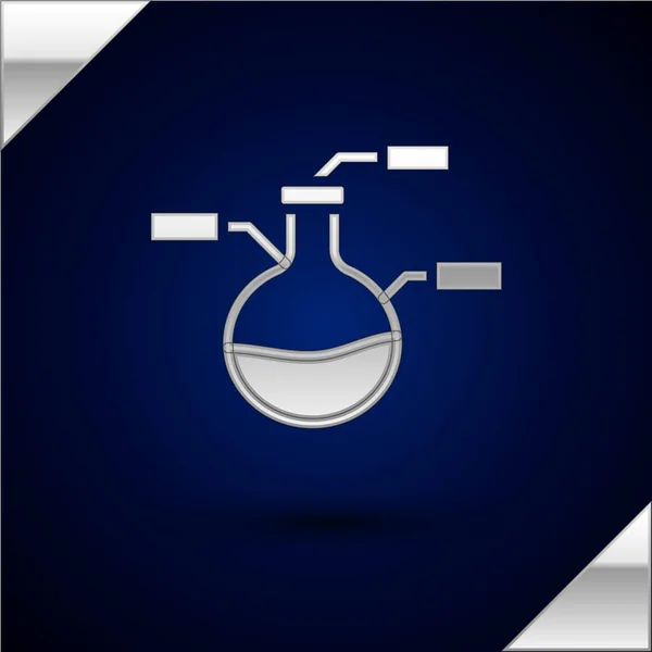 银质试管和玻璃瓶化学实验室测试图标隔离在深蓝色背景下 实验室玻璃器皿标志 — 图库矢量图片