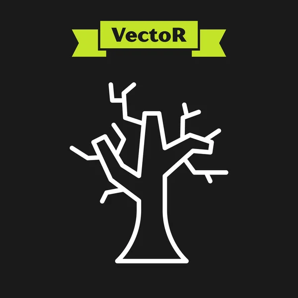 Weiße Linie Verwelktes Baumsymbol Isoliert Auf Schwarzem Hintergrund Kahler Baum — Stockvektor