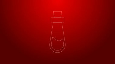 Kırmızı zemin üzerinde iksir ikonu olan yeşil çizgi şişesi. Sihirli iksirli matara. Mutlu Cadılar Bayramı Partisi. 4K Video hareketli grafik canlandırması
