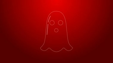 Yeşil çizgi Hayalet simgesi kırmızı arkaplanda izole edildi. Mutlu Cadılar Bayramı Partisi. 4K Video hareketli grafik canlandırması