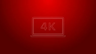 Kırmızı arkaplanda 4k video teknolojisi simgesi olan yeşil çizgi dizüstü bilgisayarı. 4K Video hareketli grafik canlandırması