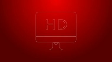 Kırmızı arkaplanda HD video teknolojisi simgesi izole edilmiş yeşil çizgi bilgisayar PC monitörü. 4K Video hareketli grafik canlandırması