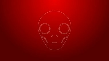 Yeşil çizgi uzaylı simgesi kırmızı arkaplanda izole edildi. Uzaylı yüzü ya da kafa sembolü. 4K Video hareketli grafik canlandırması