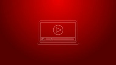Kırmızı arkaplanda Green Line Online video simgesi izole edildi. Dizüstü bilgisayar ve oyun işaretli film şeridi. 4K Video hareketli grafik canlandırması