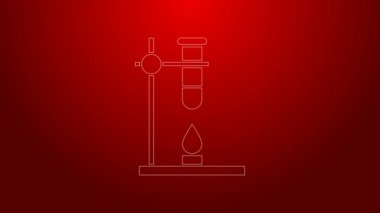 Yeşil çizgi cam tüp deney tüpü kırmızı arka planda izole edilmiş ateş ısıtıcı deney ikonu üzerinde. Laboratuvar ekipmanları. 4K Video hareketli grafik canlandırması