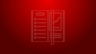 Kırmızı arkaplanda yeşil çizgi Not Defteri simgesi izole edildi. Spiral not defteri simgesi. Yazı tahtası. İş günlüğü. Not defteri kapağı tasarımı. 4K Video hareketli grafik canlandırması