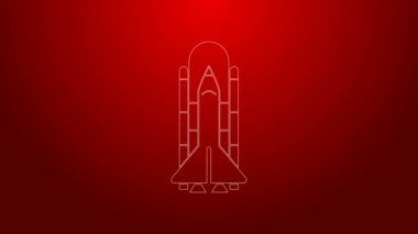 Yeşil çizgi uzay mekiği ve roket ikonu kırmızı arkaplanda izole edildi. 4K Video hareketli grafik canlandırması