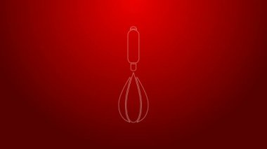 Yeşil çizgi Mutfak çırpma simgesi kırmızı arkaplanda izole edildi. Mutfak aletleri, yumurta çırpıcı. Çatal bıçak seti. Yemek karışımı sembolü. 4K Video hareketli grafik canlandırması