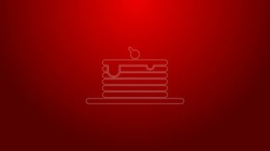 Yeşil çizgi yığın krep simgesi kırmızı arkaplanda izole edildi. Şerbetli ve kirazlı fırın. Kahvaltı konsepti. 4K Video hareketli grafik canlandırması