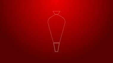 Kırmızı arka planda izole edilmiş krema ikonlu kekler için yeşil çizgi pasta torbası. Mutfak gereçleri ve aletler. 4K Video hareketli grafik canlandırması