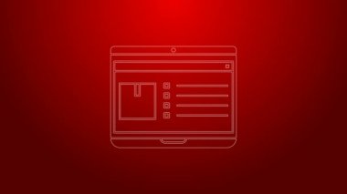 Kırmızı arkaplanda izole edilmiş uygulama dağıtım simgesine sahip yeşil çizgi dizüstü bilgisayarı. Paket takibi. 4K Video hareketli grafik canlandırması