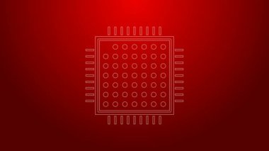 Yeşil çizgi İşlemci simgesi kırmızı arkaplanda izole edildi. İşlemci, merkezi işlem birimi, mikroçip, mikro devre, bilgisayar işlemcisi, çip. 4K Video hareketli grafik canlandırması