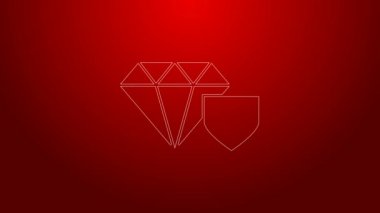 Yeşil çizgi Diamond ve kalkan simgesi kırmızı arkaplanda izole. Mücevher sigortası konsepti. Güvenlik, güvenlik, koruma, konsept koruma. 4K Video hareketli grafik canlandırması