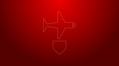 Kırmızı zemin üzerinde kalkan simgesi olan yeşil çizgi düzlemi. Uçan uçak. Uçak sigortası. Güvenlik, güvenlik, koruma, konsept koruma. 4K Video hareketli grafik canlandırması