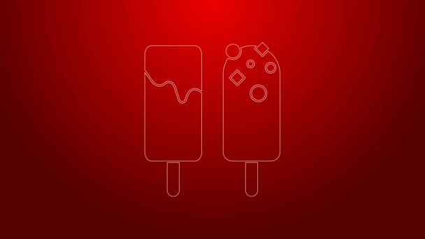 녹색 라인 아이스크림 아이콘은 빨간 배경에 분리되어 있습니다. 달콤 한 상징이야. 4K 비디오 모션 그래픽 애니메이션 — 비디오