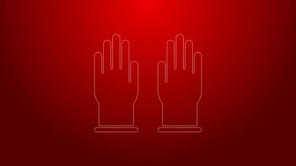Groene lijn Rubber handschoenen icoon geïsoleerd op rode achtergrond. Latex handbescherming. symbool voor huishoudelijke schoonmaakmiddelen. 4K Video motion grafische animatie — Stockvideo