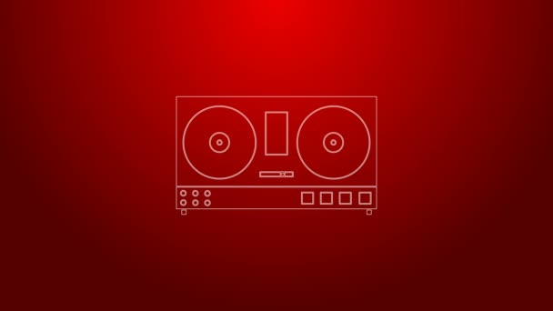 Ligne verte DJ remote pour jouer et mixer des icônes musicales isolées sur fond rouge. Mélangeur DJ complet avec lecteur vinyle et télécommande. Animation graphique de mouvement vidéo 4K — Video