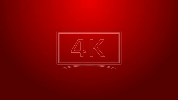 Groene lijn Screen tv met 4k Ultra HD video technologie icoon geïsoleerd op rode achtergrond. 4K Video motion grafische animatie — Stockvideo