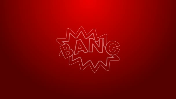 Línea verde Bang boom, pistola Texto cómico burbuja globo icono aislado sobre fondo rojo. Animación gráfica de vídeo 4K — Vídeos de Stock