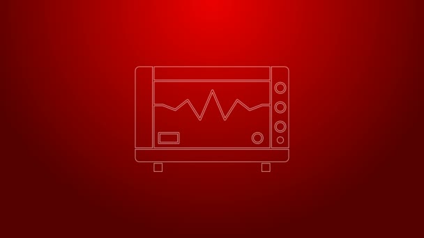 Linea verde Monitor per computer con icona cardiogramma isolato su sfondo rosso. Icona di monitoraggio. Monitoraggio ECG con battito cardiaco disegnato a mano. Animazione grafica 4K Video motion — Video Stock