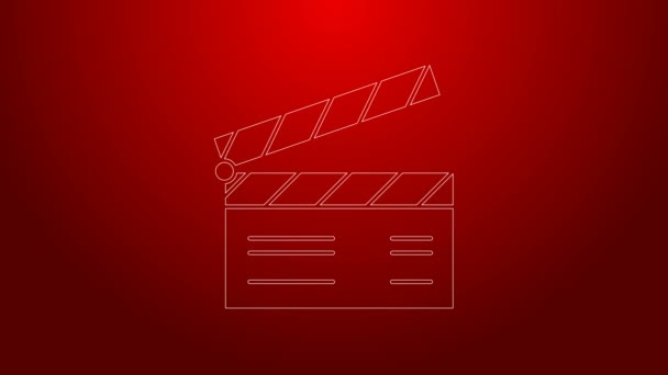 Green line Movie clapper icon isolated on red background. Film clapper board. Clapperboard sign. Cinema production or media industry concept. 4K Video motion graphic animation — Stock Video