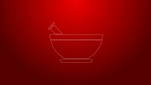 Green line Mortar and pestle icon isolated on red background. 4K Video motion graphic animation — Stock Video
